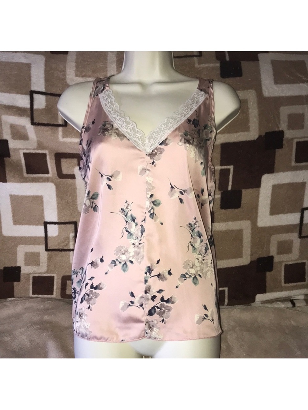 January 7 small Floral Lace Trim Pink Satin Cami Top